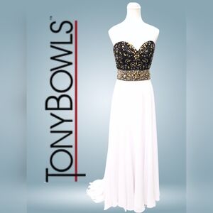 Tony Bowls Le Gala Long white With Black and Gold Sequin Strapless Gown size 8